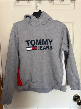 Tommy Jeans Gray Logo Hoodie with Red & White Panels - Women